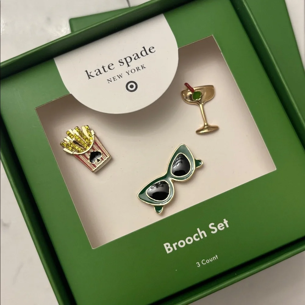 Kate Spade Target 3pk Novelty Pin Brooch Set Gold Pink and Green New Limited